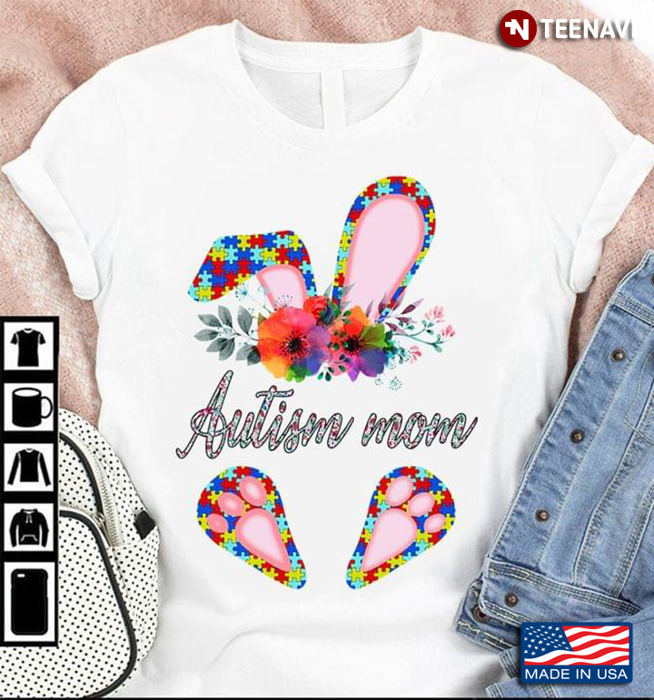 Autism Mom Bunny With Flowers Happy Easter