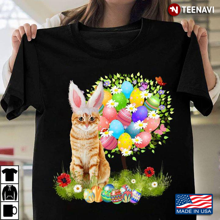 Happy Easter Bunny Cat With Eggs Tree