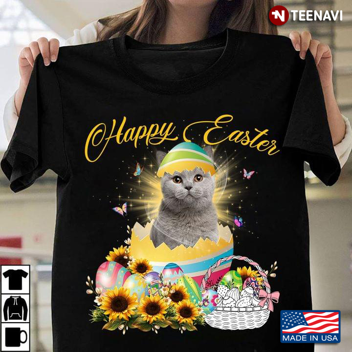 Happy Easter British Shorthair Cat With Butterflies Sunflowers And Eggs