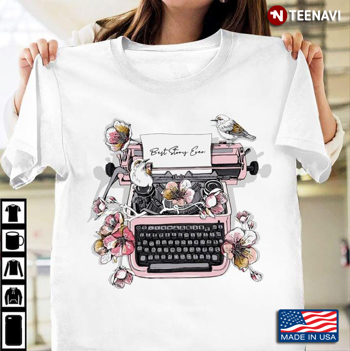 Best Story Ever Typewriter Machine With Birds And Flowers Of Cherry.