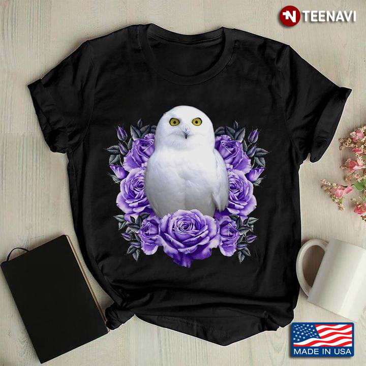 Snowy Owl And Purple Roses