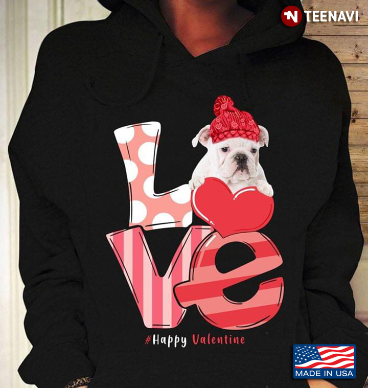 Love Happy Valentine Bulldog With Red Wool Hat