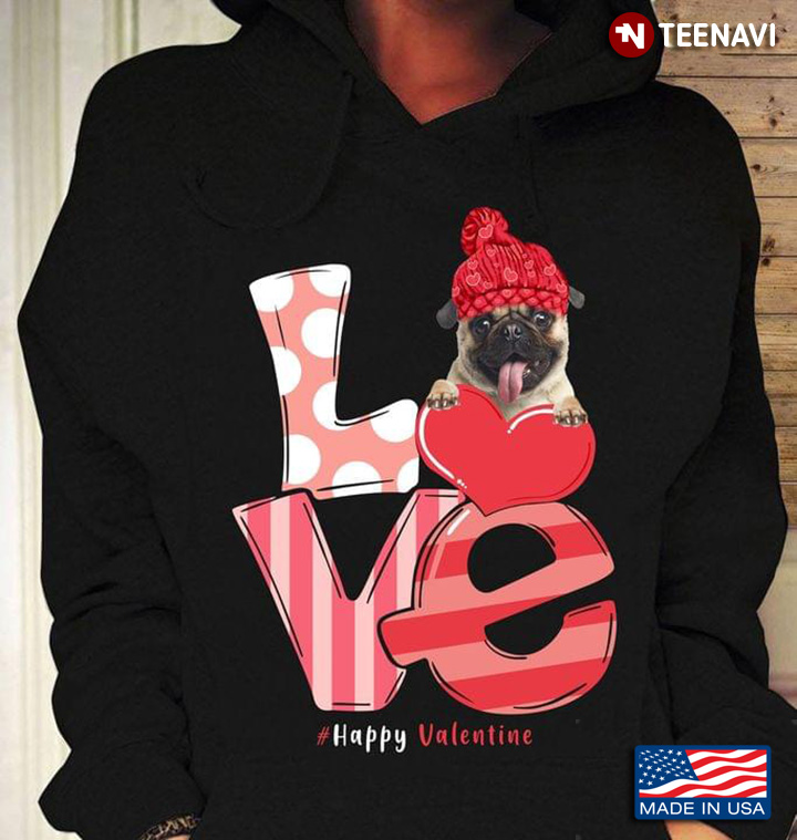 Love Happy Valentine Pug With Red Wool Hat