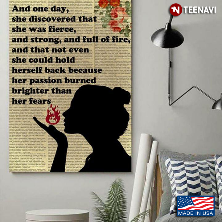 Floral Book Page Theme Girl & Fire Silhouette And One Day She Discovered That She Was Fierce & Strong