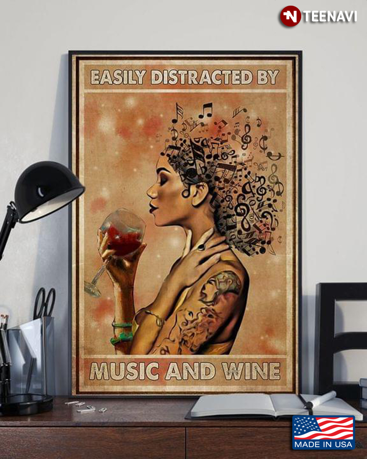 Vintage Girl With Music Tune On Her Head & Red Wine Glass Easily Distracted By Music And Wine