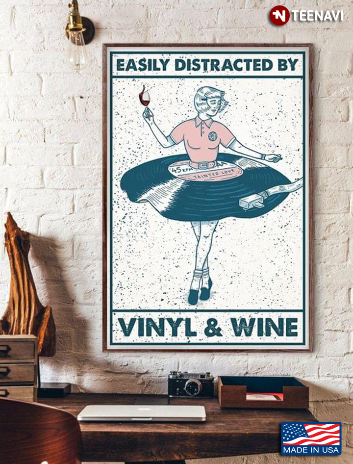 Vintage Girl With Vinyl Dress & Red Wine Glass On Her Hand Easily Distracted By Vinyl & Wine