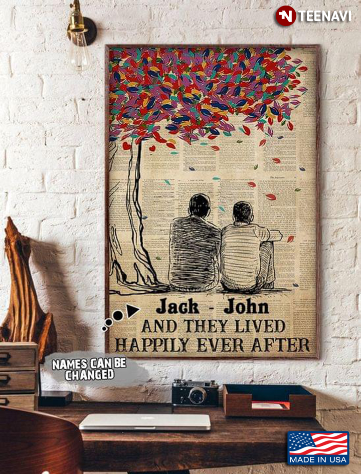 Book Page Customized Name LGBT Pride Gay Couple Sitting Under Colorful Tree And They Lived Happily Ever After