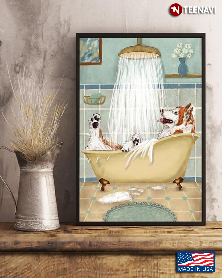 Vintage Brown Siberian Husky Dog Taking A Shower In A Bathtub