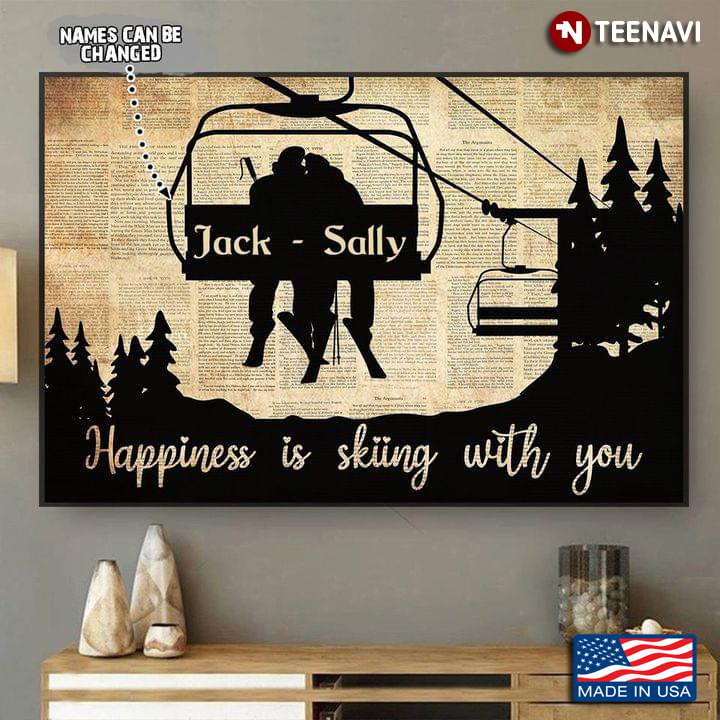 Customized Name Book Page Theme Couple Sitting On Ski Lift Happiness Is Skiing With You