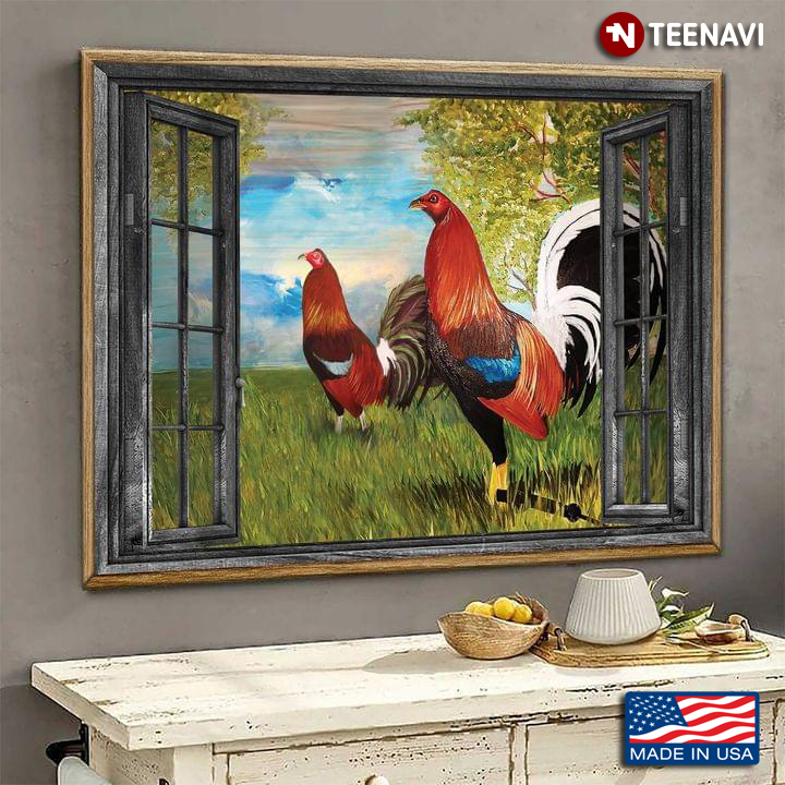 Vintage Window Frame With Two Long-tailed Chickens On Farm