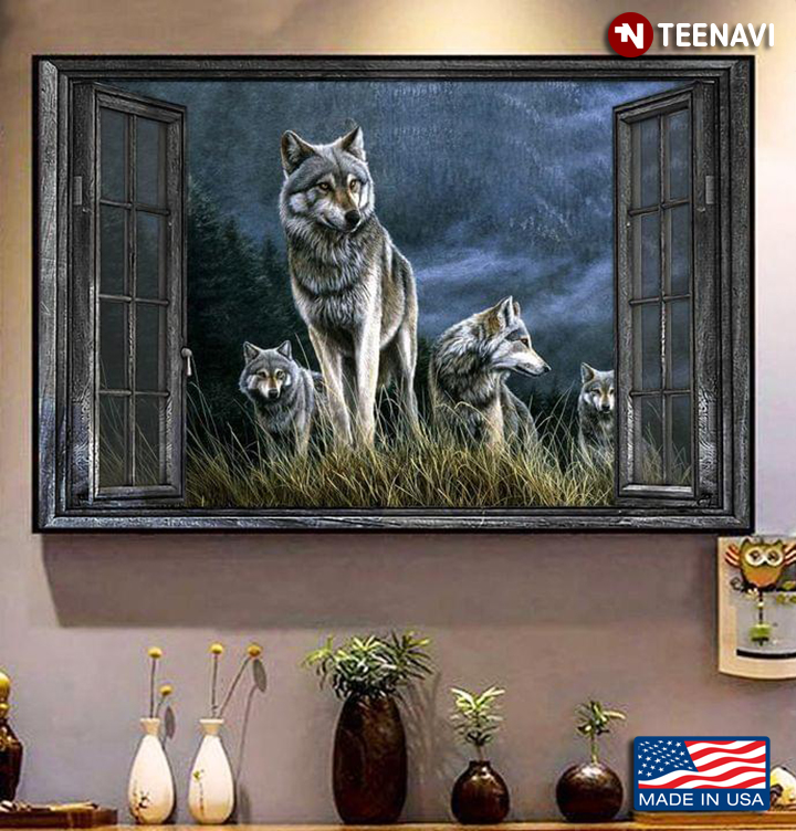 Vintage Window Frame With Wolves Outside