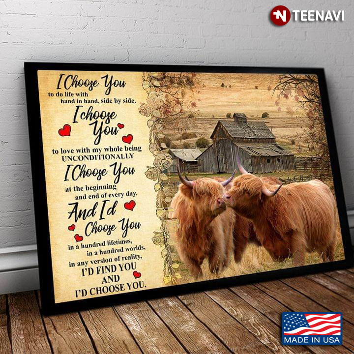 Vintage Highland Cows Kissing On Farm I Choose You To Do Life With Hand In Hand, Side By Side