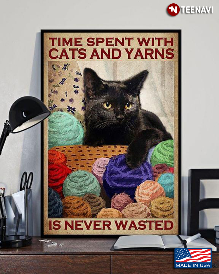 Vintage Black Kitten And Colourful Yarns Time Spent With Cats And Yarns Is Never Wasted