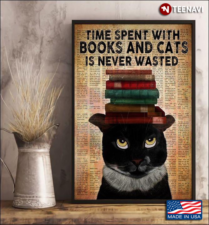 Vintage Watercolour Book Page Theme Black Cat & A Pile Of Books Time Spent With Books And Cats Is Never Wasted