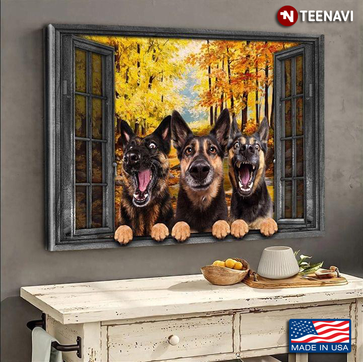 Vintage Window Frame With Three Little German Shepherds Dog In Yellow Autumn Forest