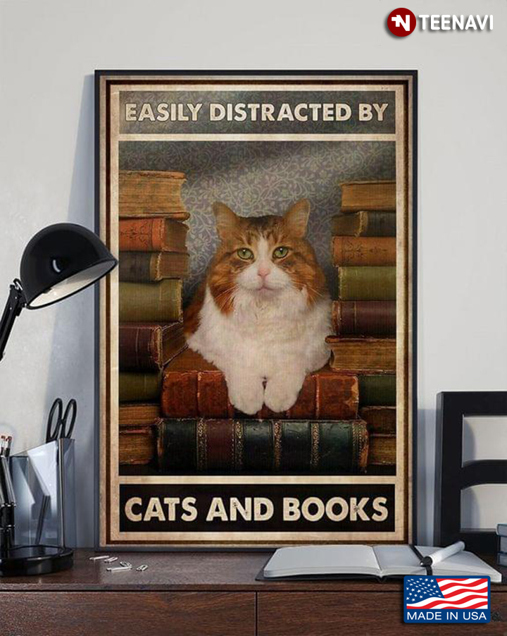 Vintage Orange & White Tabby Cat Easily Distracted By Cats & Books