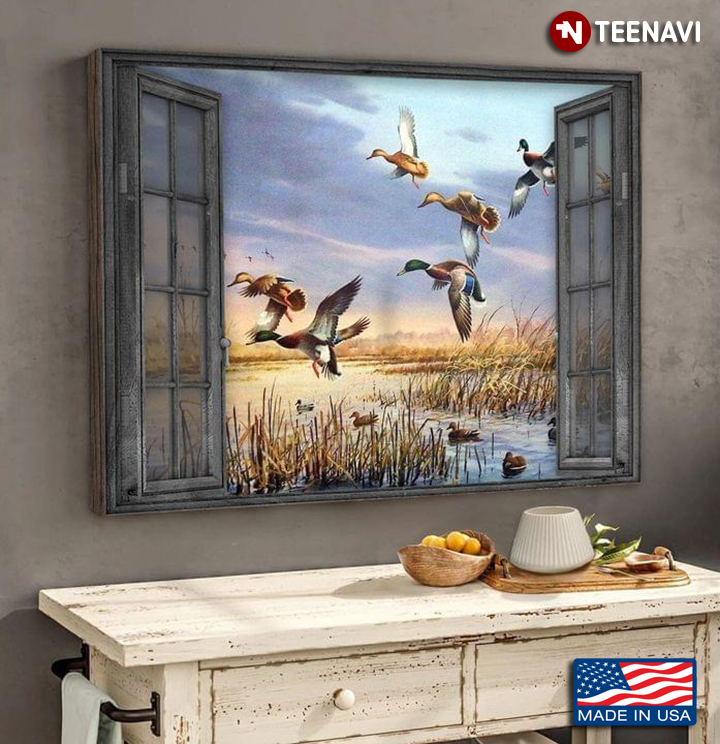 Vintage Window Frame With Ducks Flying Over Water Outside