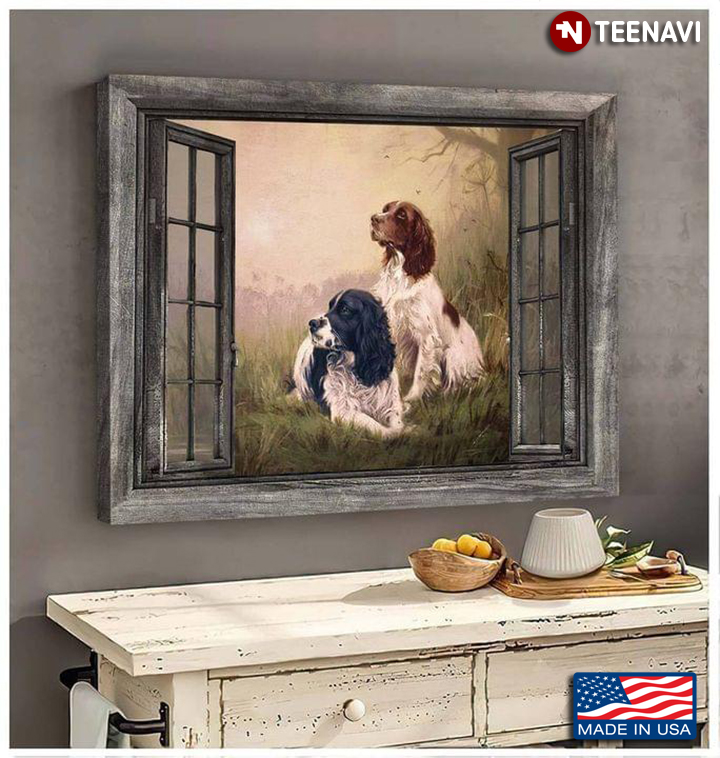 Vintage Window Frame With Two English Springer Spaniel Dogs Outside