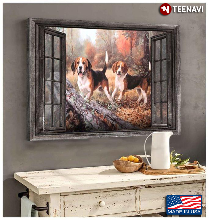 Vintage Window Frame With Two Beagle Dogs Outside