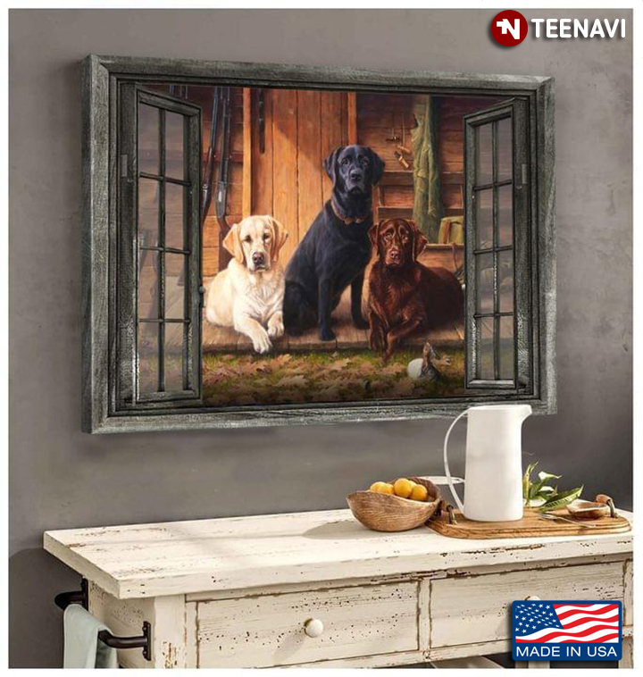 Vintage Window Frame With Labrador Retriever Dogs Outside