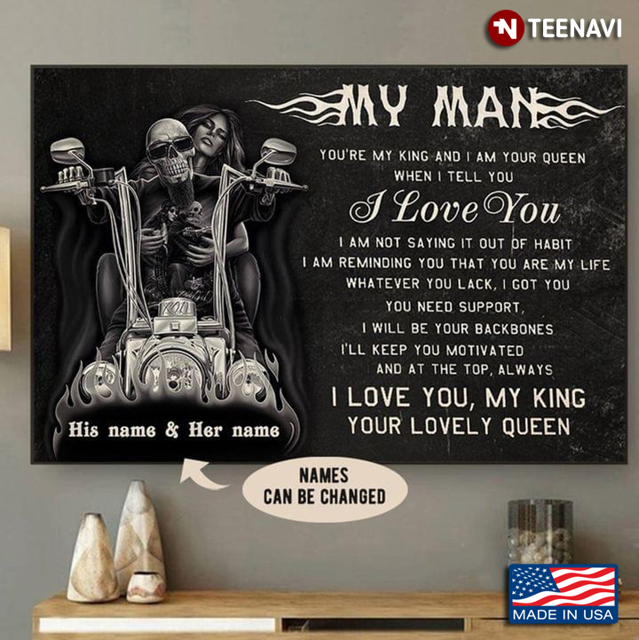Black Theme Customized Name Girl & Skeleton Biker My Man You're My King And I Am Your Queen