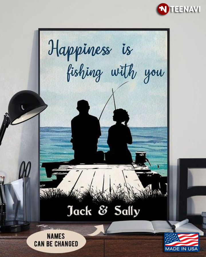 Vintage Customized Name Couple Fishing Silhouette Happiness Is Fishing With You