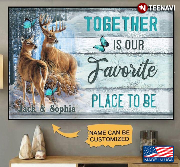 Vintage Customized Name Happy Deers And Blue Butterflies Together Is Our Favorite Place To Be
