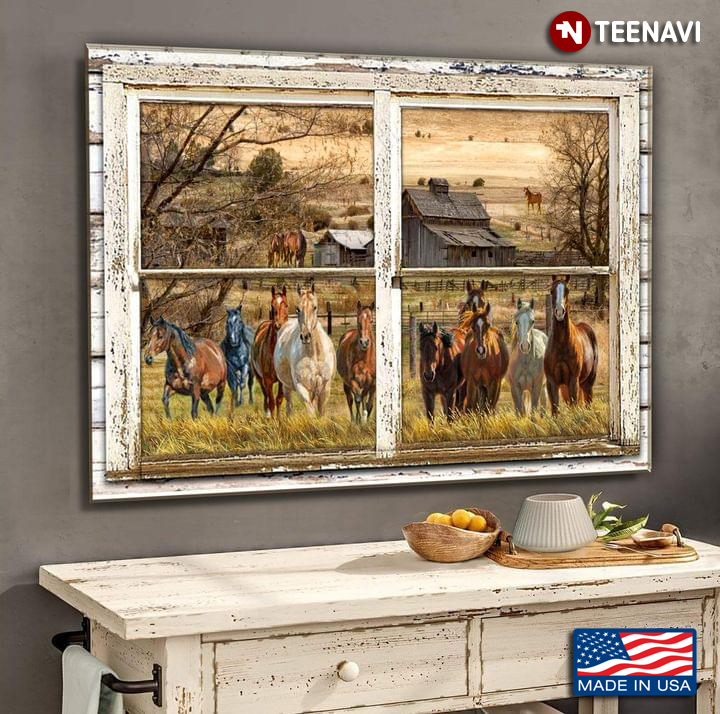 Vintage Window Frame With Horses Running On Farm