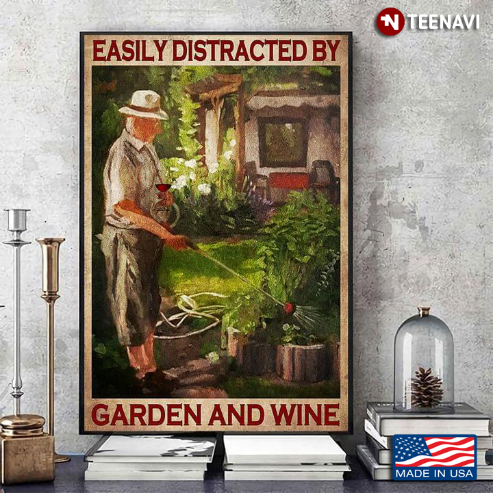 Vintage Old Gardener Painting Easily Distracted By Garden And Wine
