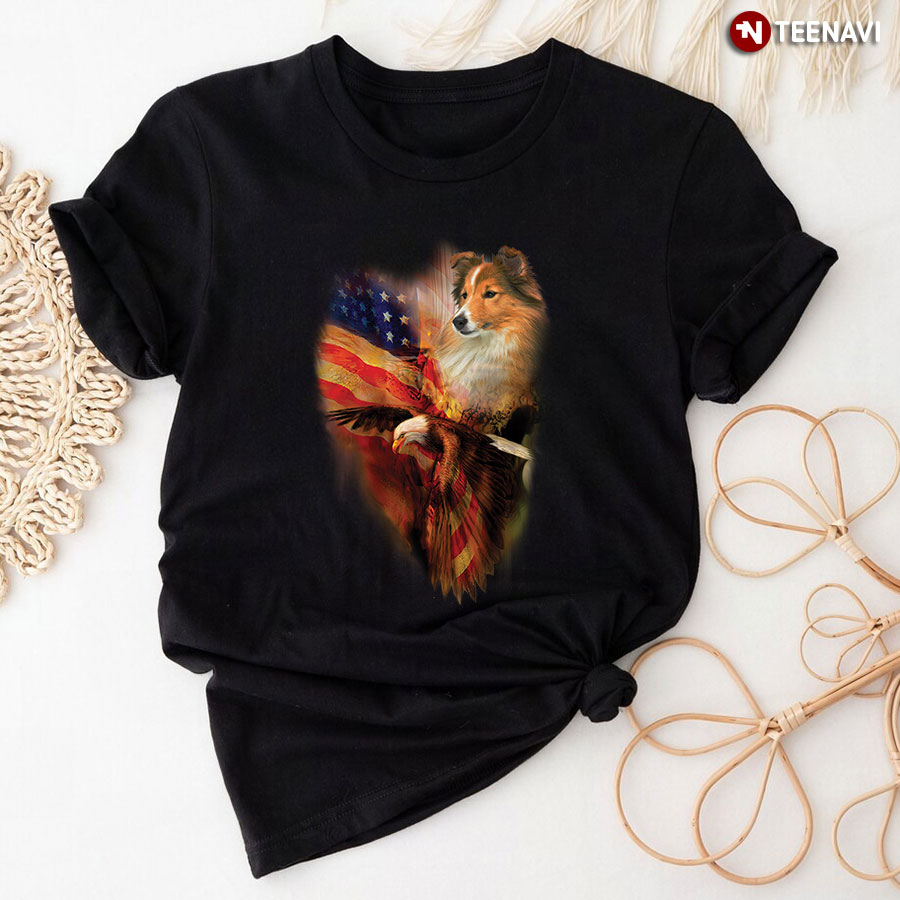Sheltie Eagle And American Flag T-Shirt