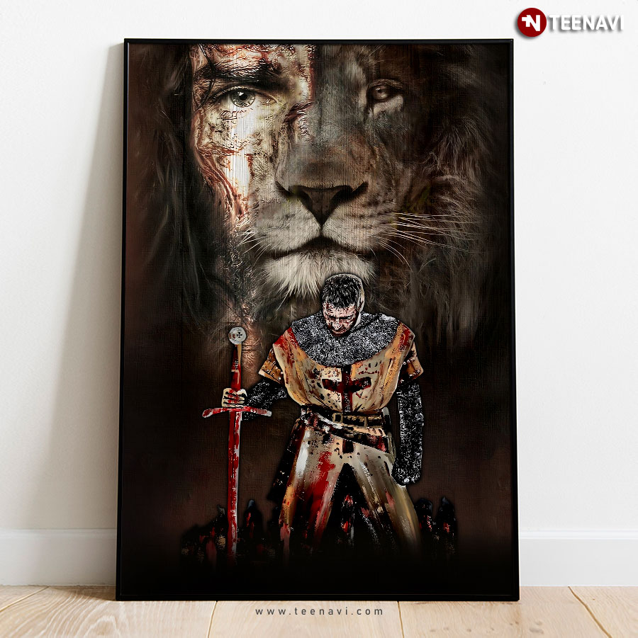 Vintage Half Face Of Jesus & Half Face Of Lion With Kneeling Knight Poster