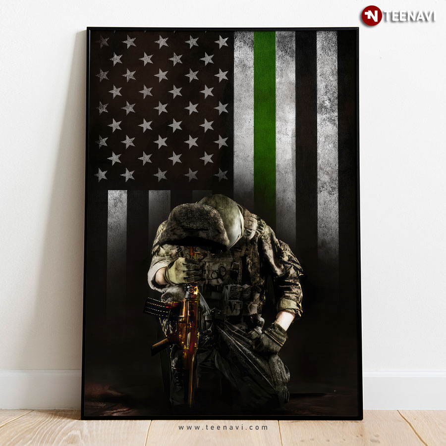 Black Theme Thin Green Line Black And White American Flag With Kneeling Soldier Poster