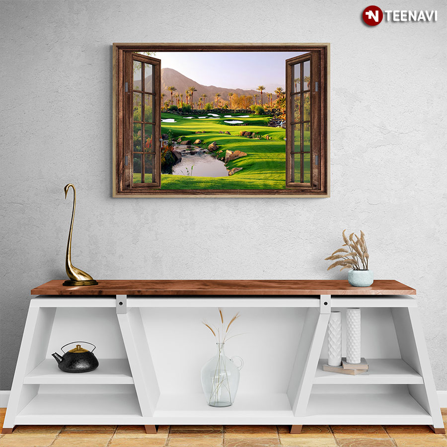 Vintage Window Frame With View Of A Golf Course Poster