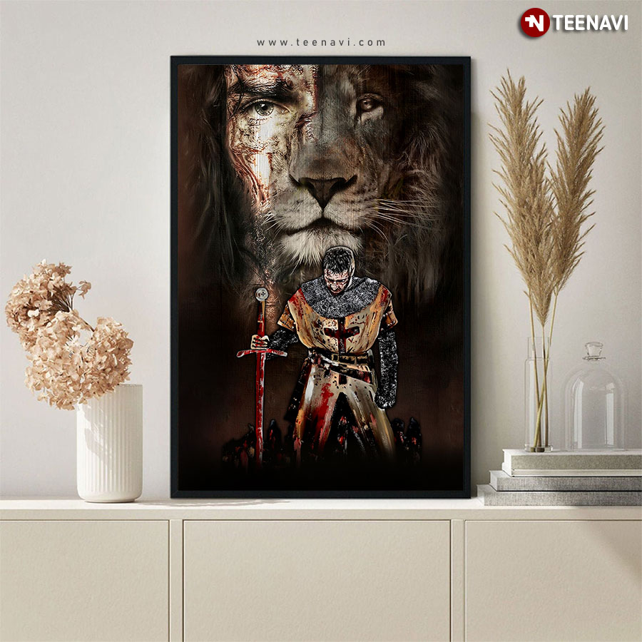 Vintage Half Face Of Jesus & Half Face Of Lion With Kneeling Knight Poster