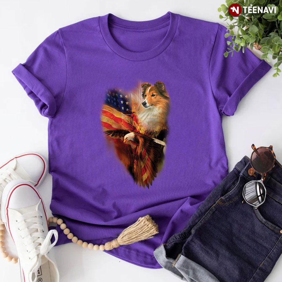 Sheltie Eagle And American Flag T-Shirt