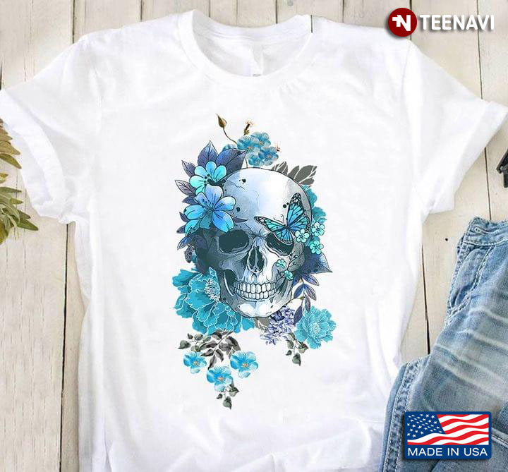 Skull With Blue Flower Butterfly