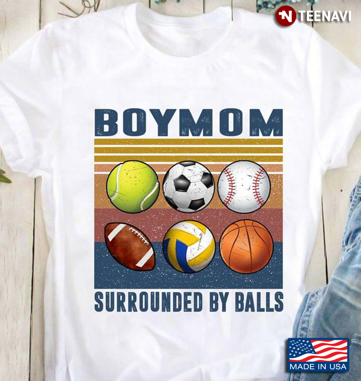 Boymom Surrounded By Balls Tennis Soccer Baseball Football Volleyball Basketball Vintage
