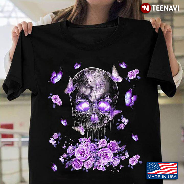 Skull With Butterflies And Purple Flowers