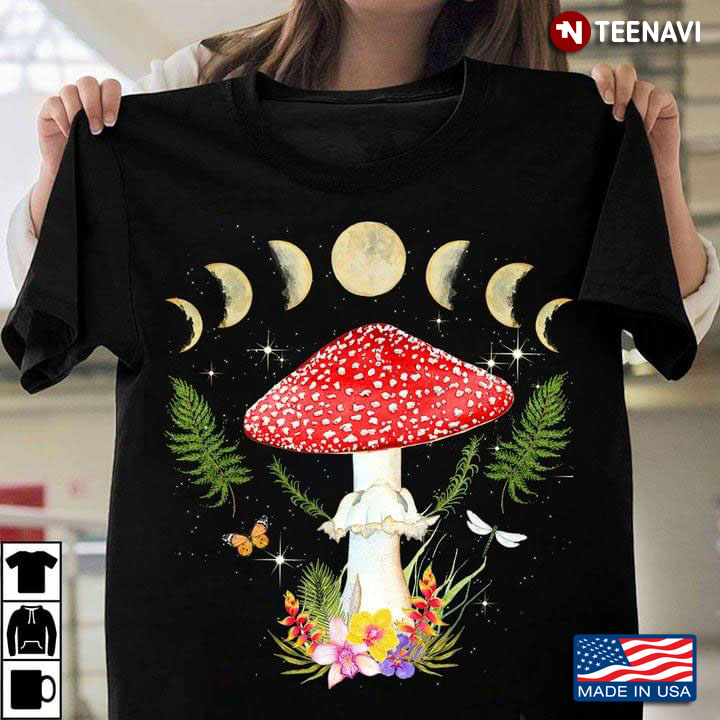Mushroom With Butterfly Dragonfly And Flowers Under The Moon