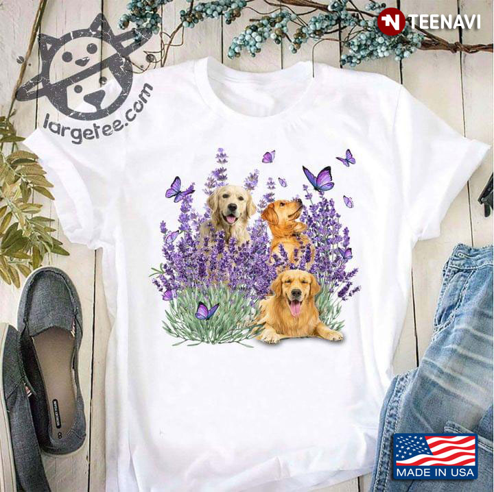 Three Golden Retrievers With Butterflies And Lavender
