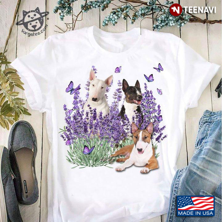 Three Bull Terrier Dogs Butterflies And Lavender