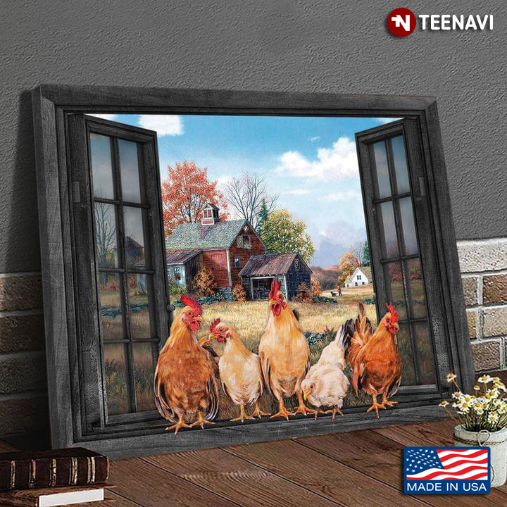 Vintage Window Frame With Chickens On Farm