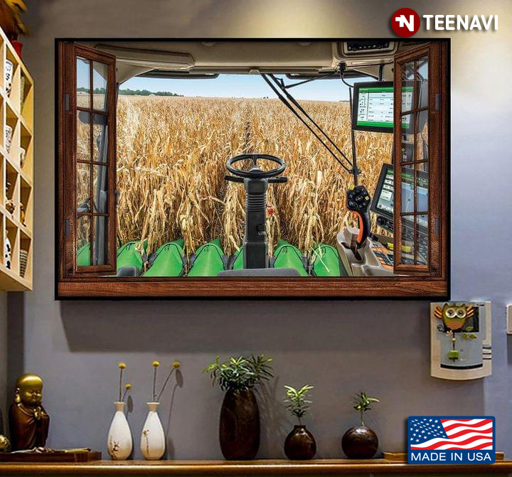 Vintage Window Frame With View From Green Tractor On Farm