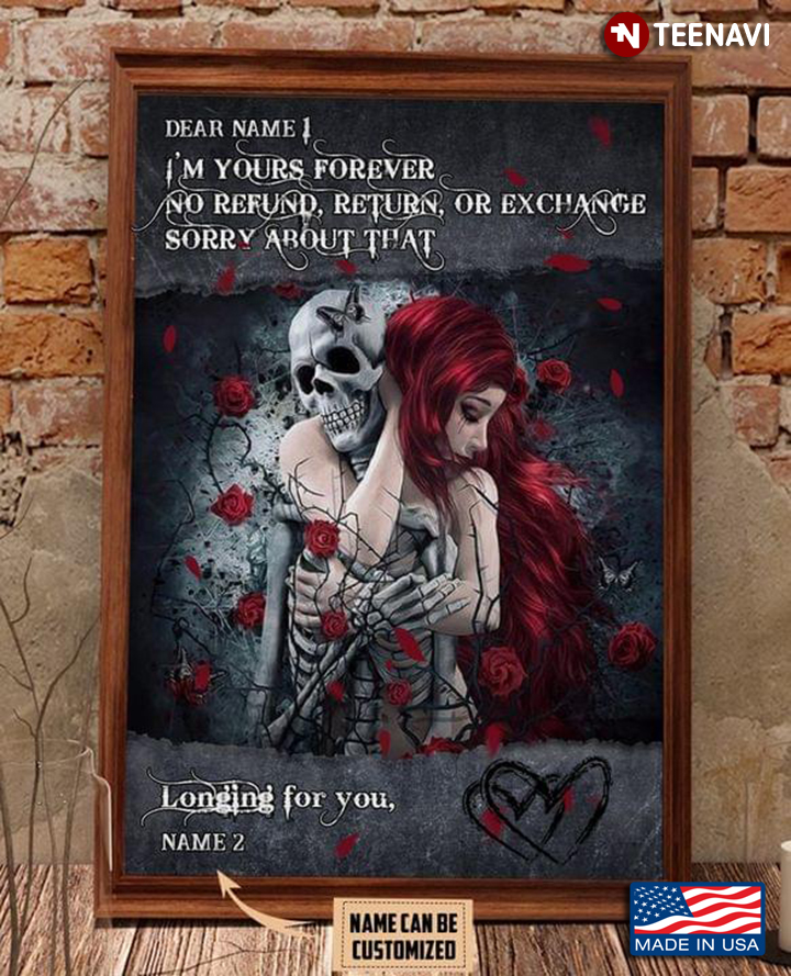 Customized Name Floral Red-haired Girl Hugging Skeleton I'm Yours Forever No Refund, Return, Or Exchange