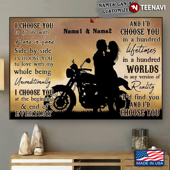 Vintage Customized Name Couple On Motorcycle Silhouette I Choose You To Do Life With Hand In Hand Side By Side