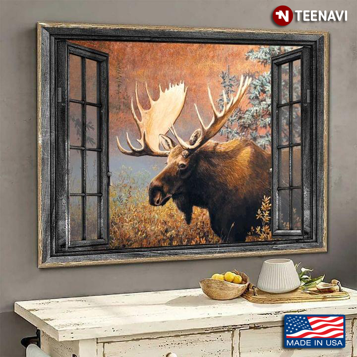 Vintage Window Frame With Moose In The Forest