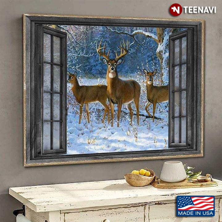 Vintage Window Frame With Deers In The Snow Forest