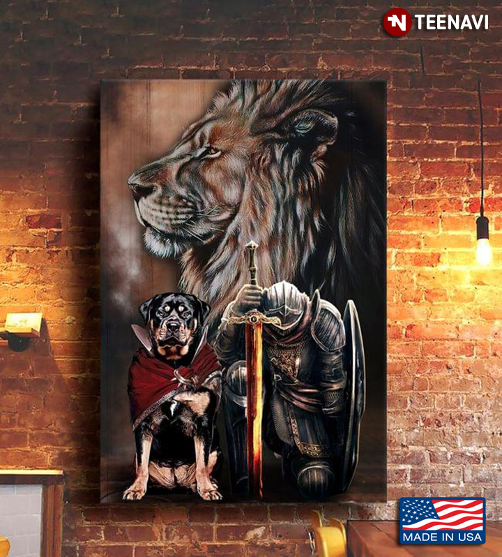 Vintage Knight Kneeling With Rottweiler Dog And Lion Painting