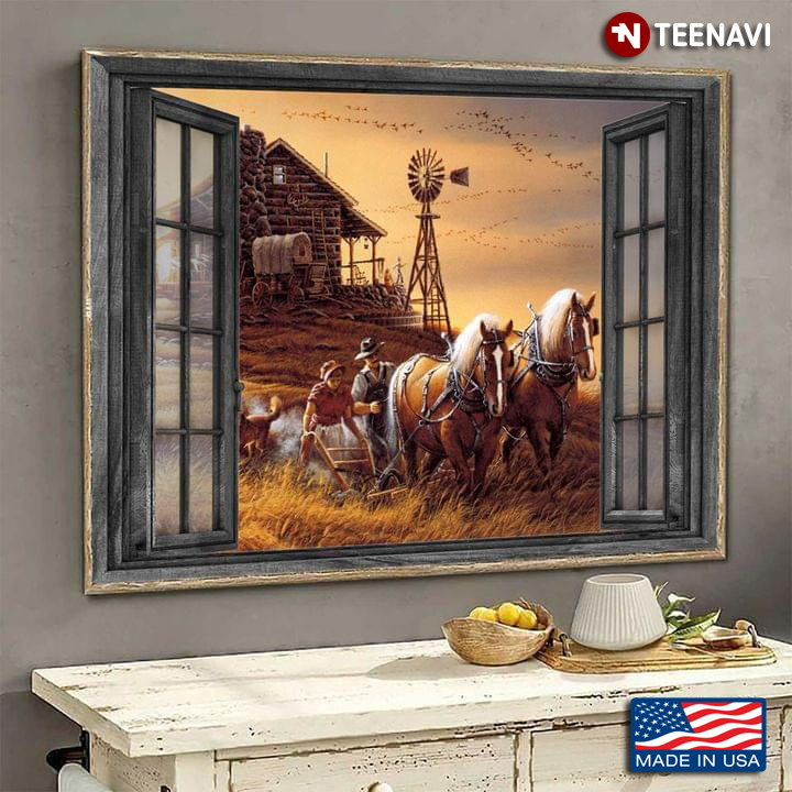 Vintage Window Frame With Farmers Plowing With Horses