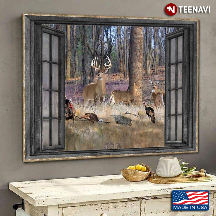 Vintage Window Frame With Deer Family And Guinea Fowls In The Forest